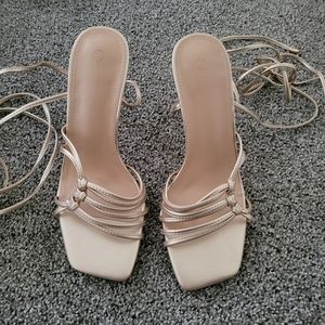Matte gold tie ankle heeled sandals 7.5